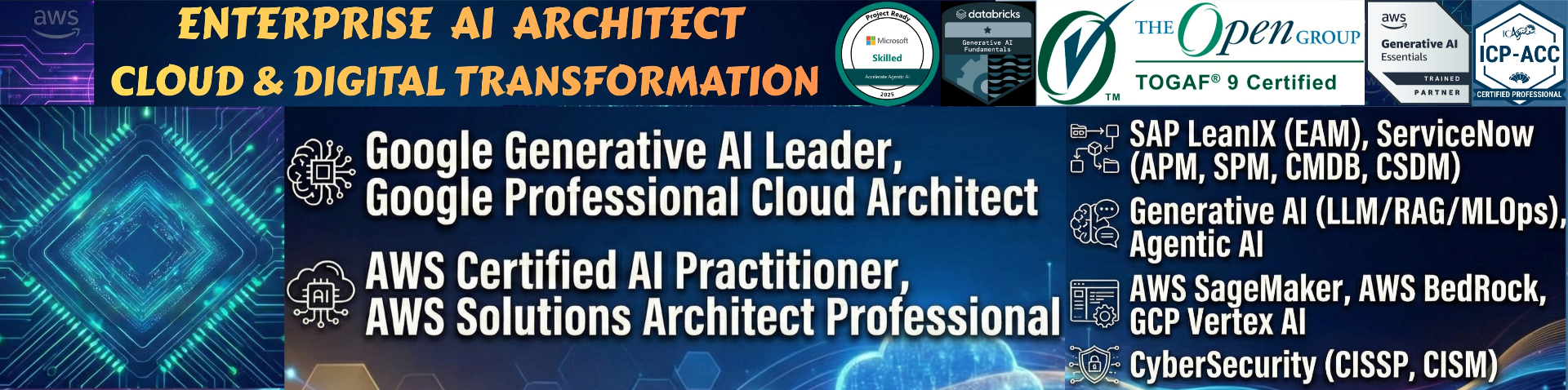 Enterprise AI Architect — Cloud & Digital Transformation banner featuring TOGAF, Google GenAI, AWS, Databricks, ICP-ACC credentials